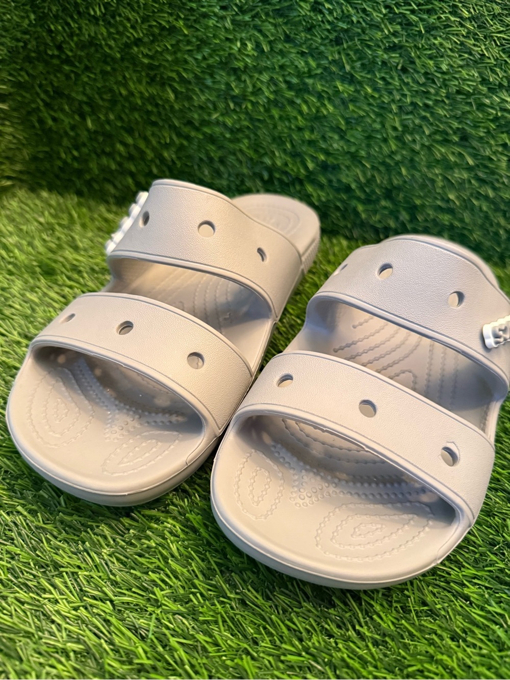 Crocs, classic unisex, two strap Slide Sandals in Light Gray men 7. Women 9